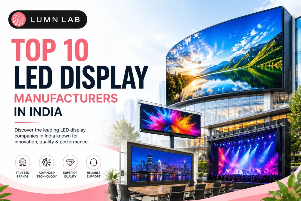 Top 10 LED Display Manufacturers in India featured image with modern LED screens and Lumn Lab branding