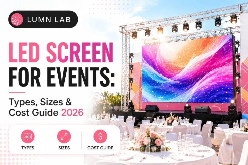 LED screen for events with outdoor stage setup, large LED display, and Lumn Lab logo for the 2026 event screen types, sizes, and cost guide.