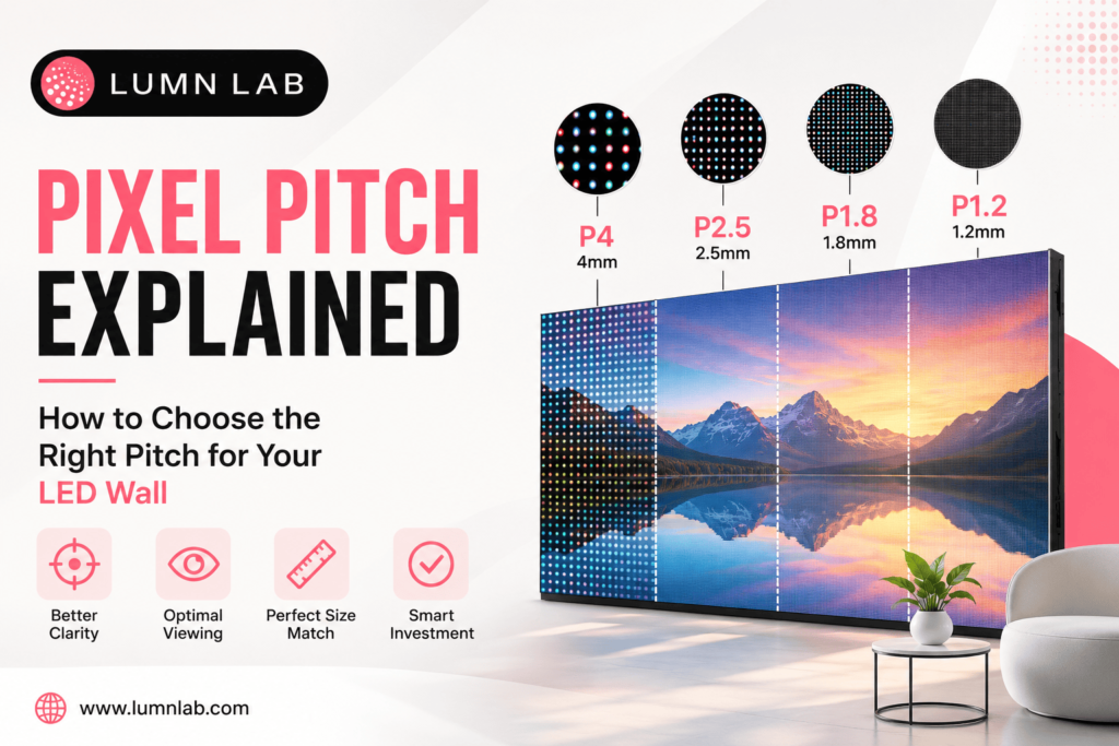Pixel Pitch Explained infographic by Lumn Lab showing P4, P2.5, P1.8, and P1.2 LED display pixel pitches with a visual comparison and guide to choosing the right pixel pitch for an LED wall.