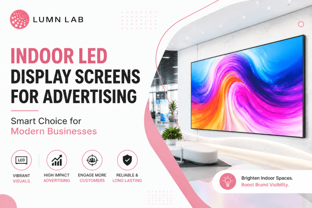 Indoor LED display screen for advertising in a modern business space with Lumn Lab branding