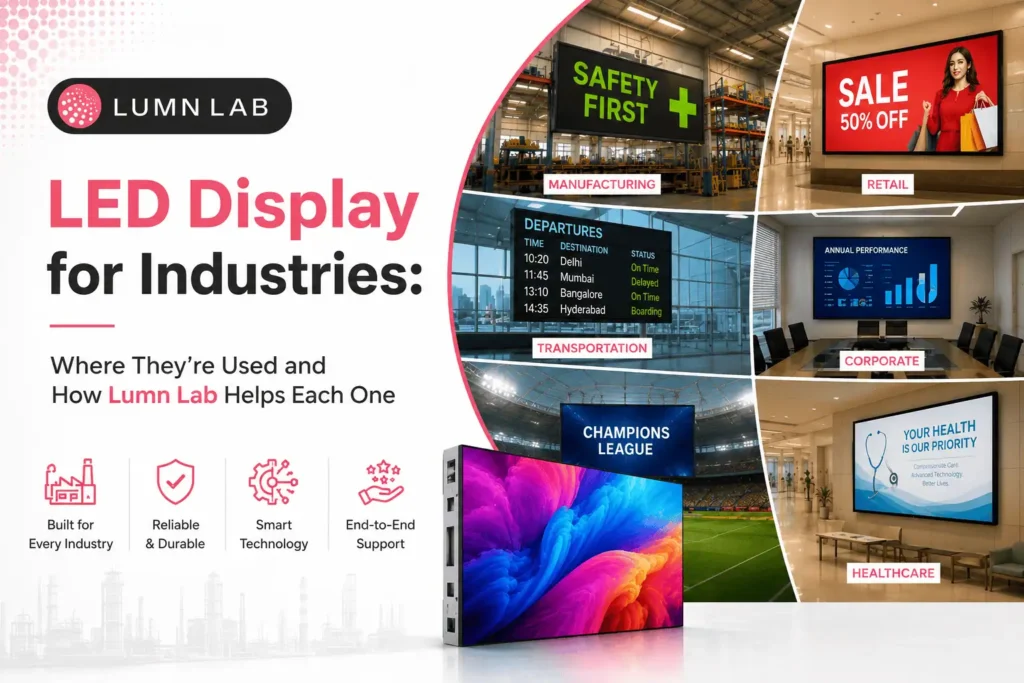 Lumn Lab LED display solutions for industries featuring digital screens used in manufacturing, retail, transportation, corporate offices, sports stadiums, and healthcare facilities.