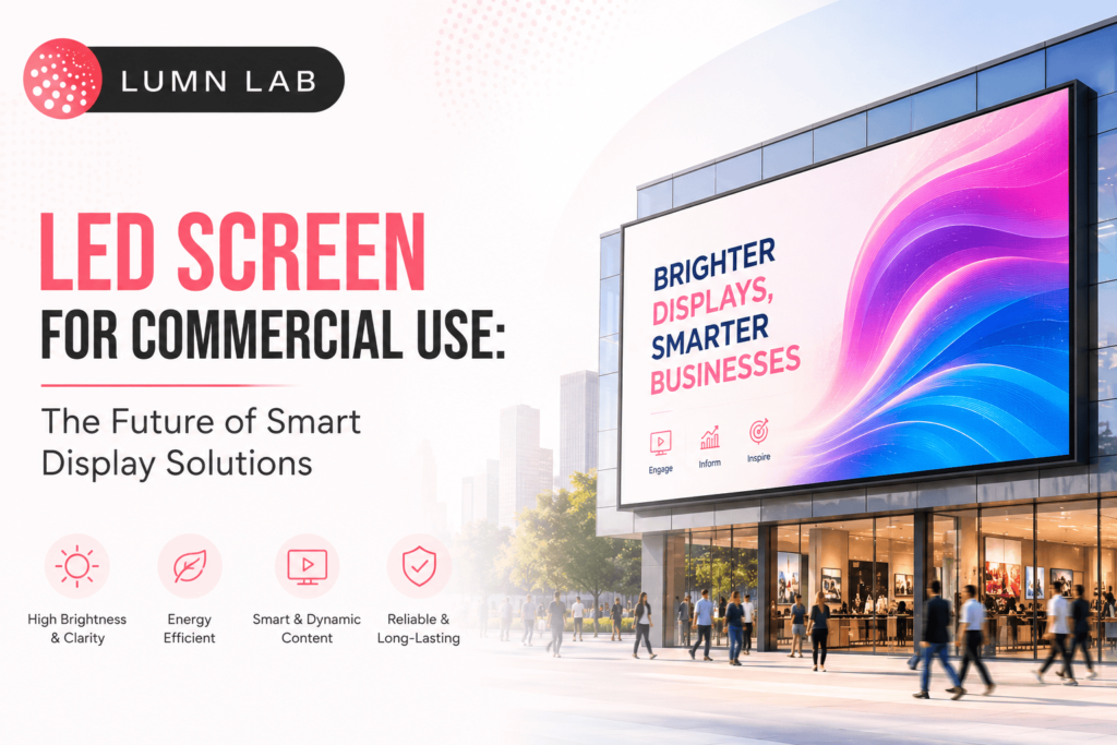 LED screen for commercial use on a modern office building showcasing smart display solutions with LUMN LAB branding