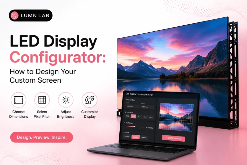 LUMN LAB featured image showing an LED display configurator on a laptop used to design a custom LED screen, alongside a large modular LED display with vibrant content. The graphic highlights screen dimensions, pixel pitch, brightness, and display customization options.