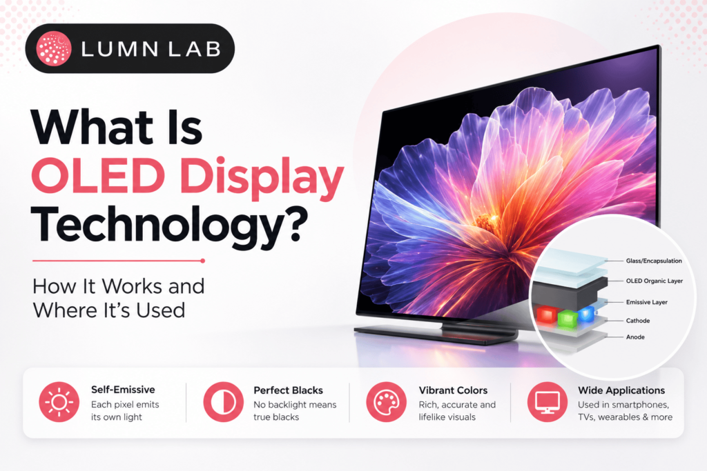What Is OLED Display Technology? Illustration showing an OLED display, layered OLED structure, and LUMN LAB branding.