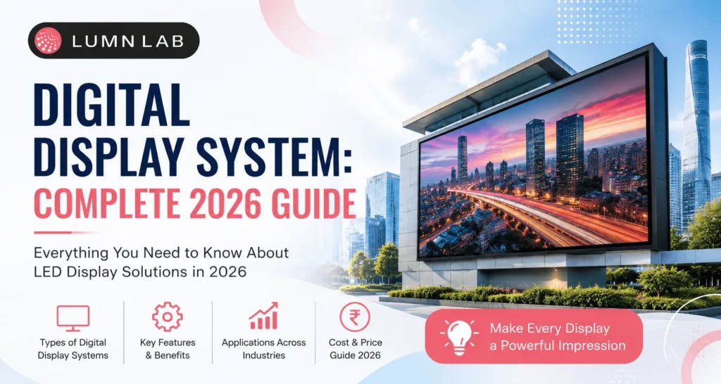 Digital Display System complete 2026 guide featuring a modern outdoor LED display screen for business communication and advertising.
