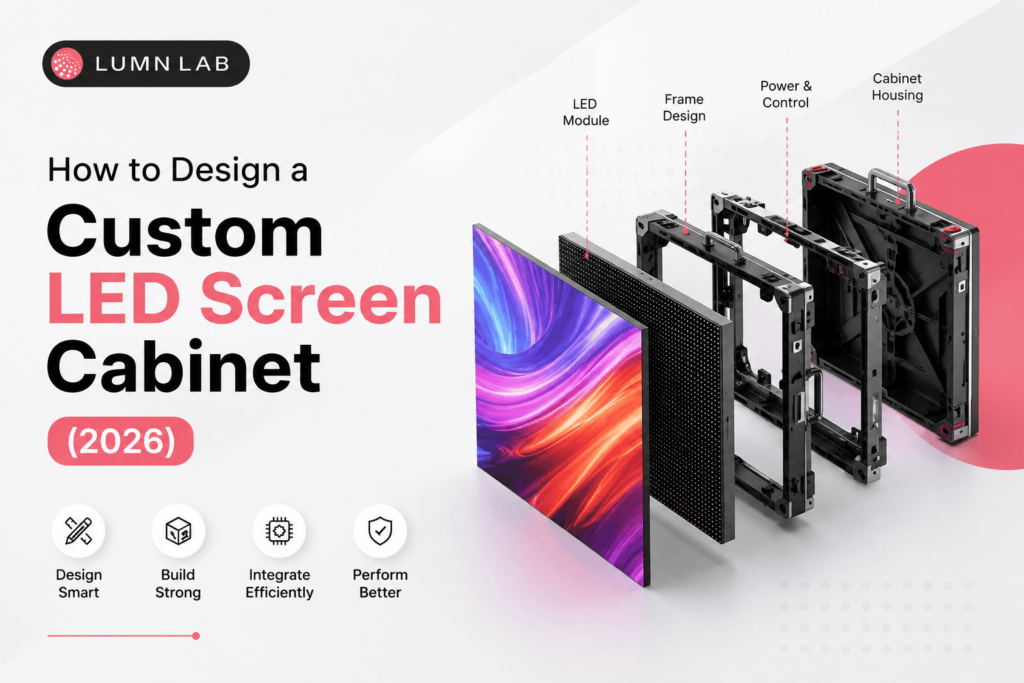 Exploded view of a custom LED screen cabinet showing the LED module, precision frame, power and control system, and cabinet housing, with LUMN LAB branding and key design benefits.