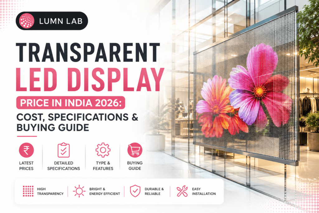 Transparent LED display in a glass storefront with Lumn Lab branding, showing the 2026 price, specifications, and buying guide.