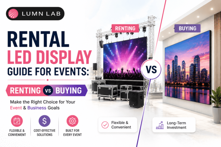 Rental LED display guide for events comparing renting versus buying LED screens, with Lumn Lab branding.