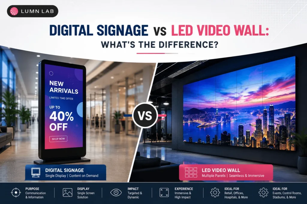 Digital signage vs LED video wall comparison showing a digital display kiosk and large LED video wall