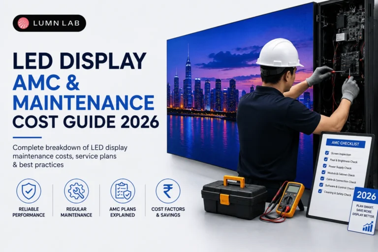 LED display AMC and maintenance cost guide 2026 featuring a technician servicing an LED screen