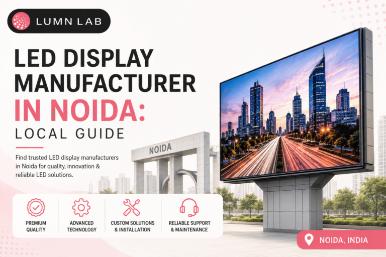 LED display manufacturer in Noida featuring a large outdoor LED billboard and LUMN LAB branding