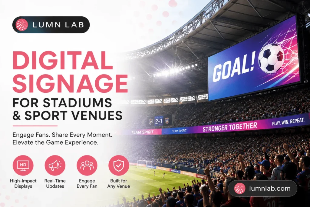 Digital LED signage in a packed sports stadium displaying live match content and fan engagement graphics, with LUMN LAB branding promoting digital signage solutions for stadiums and sports venues.
