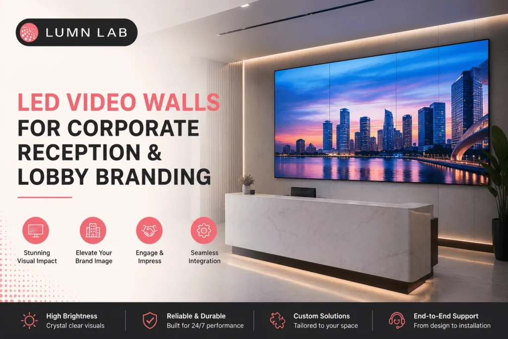 LED video wall in a modern corporate reception lobby showcasing how digital displays enhance brand image and visitor experience.