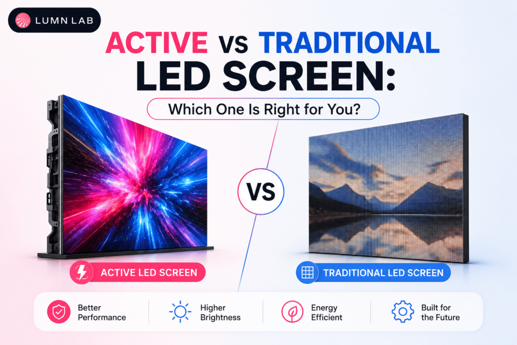 Active vs Traditional LED Screen comparison showing two LED display technologies side by side with key benefits including higher brightness, better performance, energy efficiency, and future-ready design.