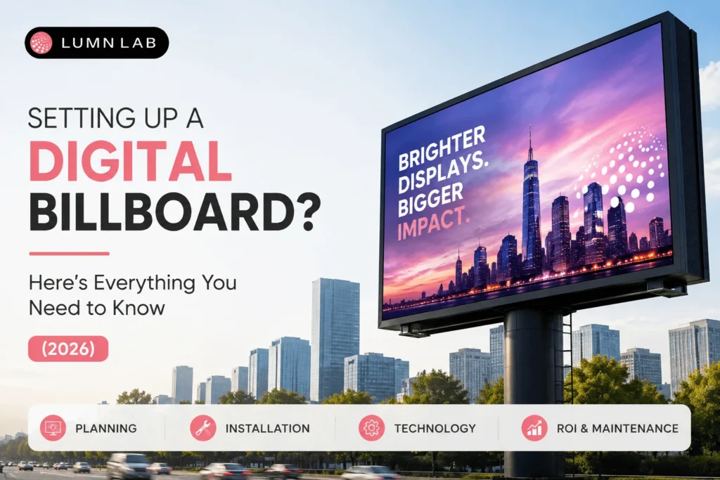 Featured image for "Setting Up a Digital Billboard? Here's Everything You Need to Know (2026)" showing a large outdoor digital billboard in a modern cityscape with the Lumn Lab logo, highlighting planning, installation, technology, and ROI considerations for digital billboard setup.