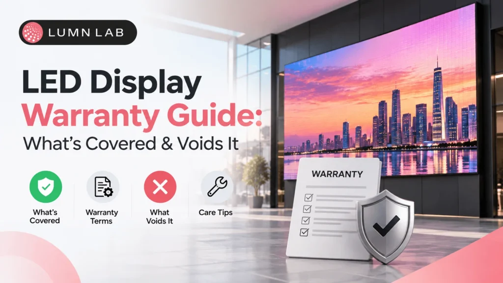 LED display warranty guide showing what is covered, warranty terms, void conditions, and care tips with Lumn Lab branding.
