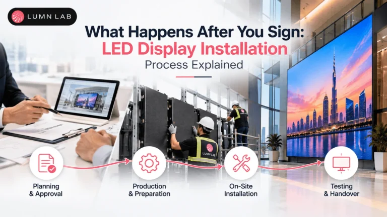 LED display installation process showing planning, production, on-site installation, testing, and handover with LUMN LAB branding.