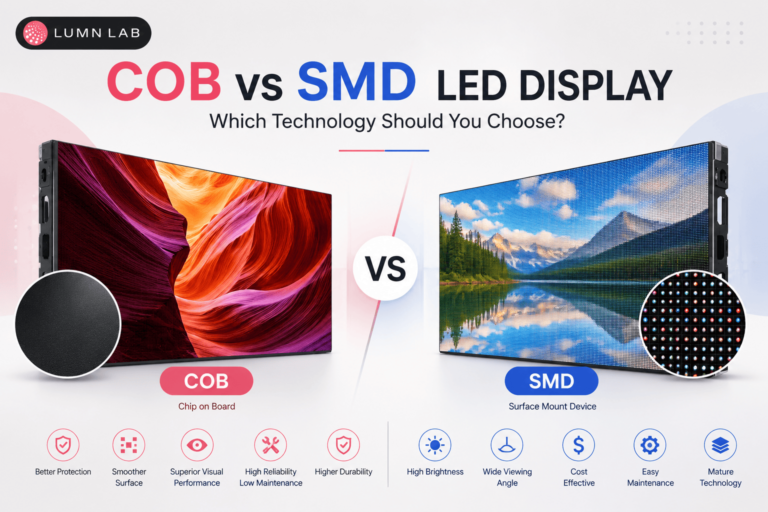 COB vs SMD LED display comparison showing two LED screens, pixel technology close-ups, key features, and the LUMN LAB logo.