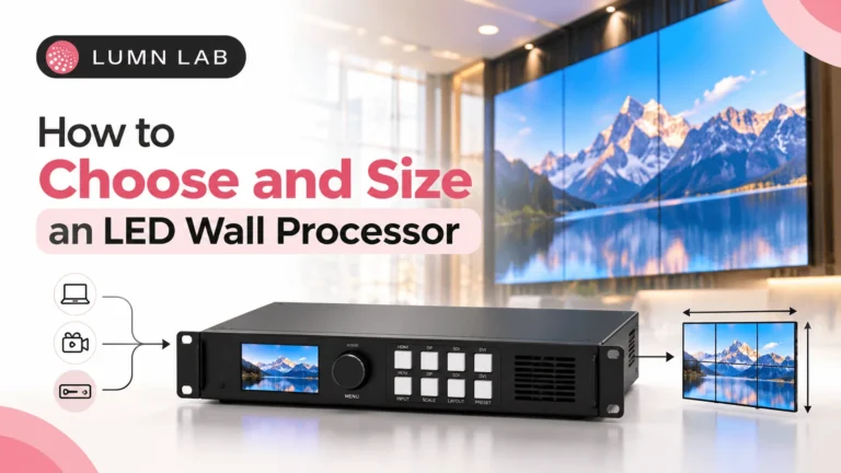 LED wall processor with input sources connected to a multi-panel LED display, illustrating how to choose and size an LED wall processor.